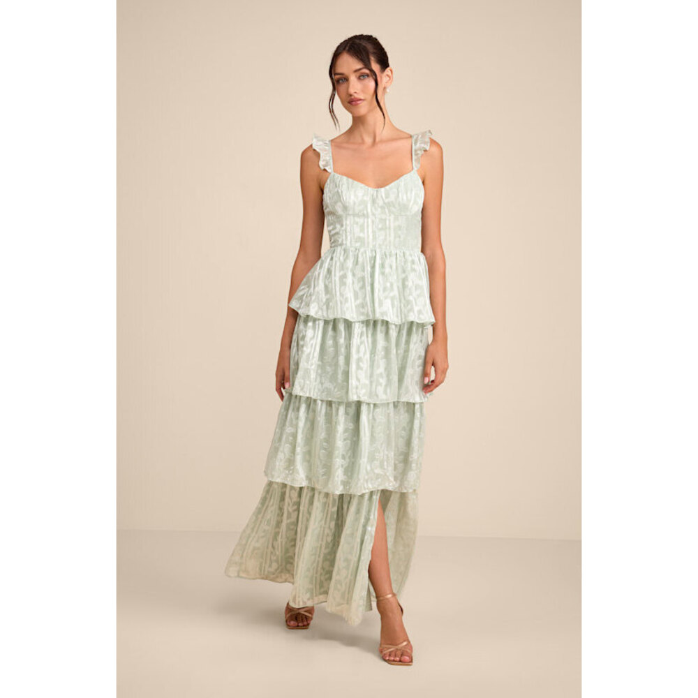 Lulus Stunning Glory Sage Green Floral Jacquard Tiered Maxi Dress - Size S